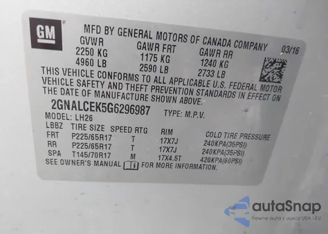 2016 Chevrolet Equinox Lt z USA, uszkodzony, nr VIN 2GNALCEK5G6296987